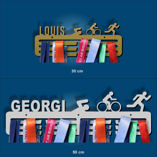 A medal hanger with name and figure designed for TRIATHLON